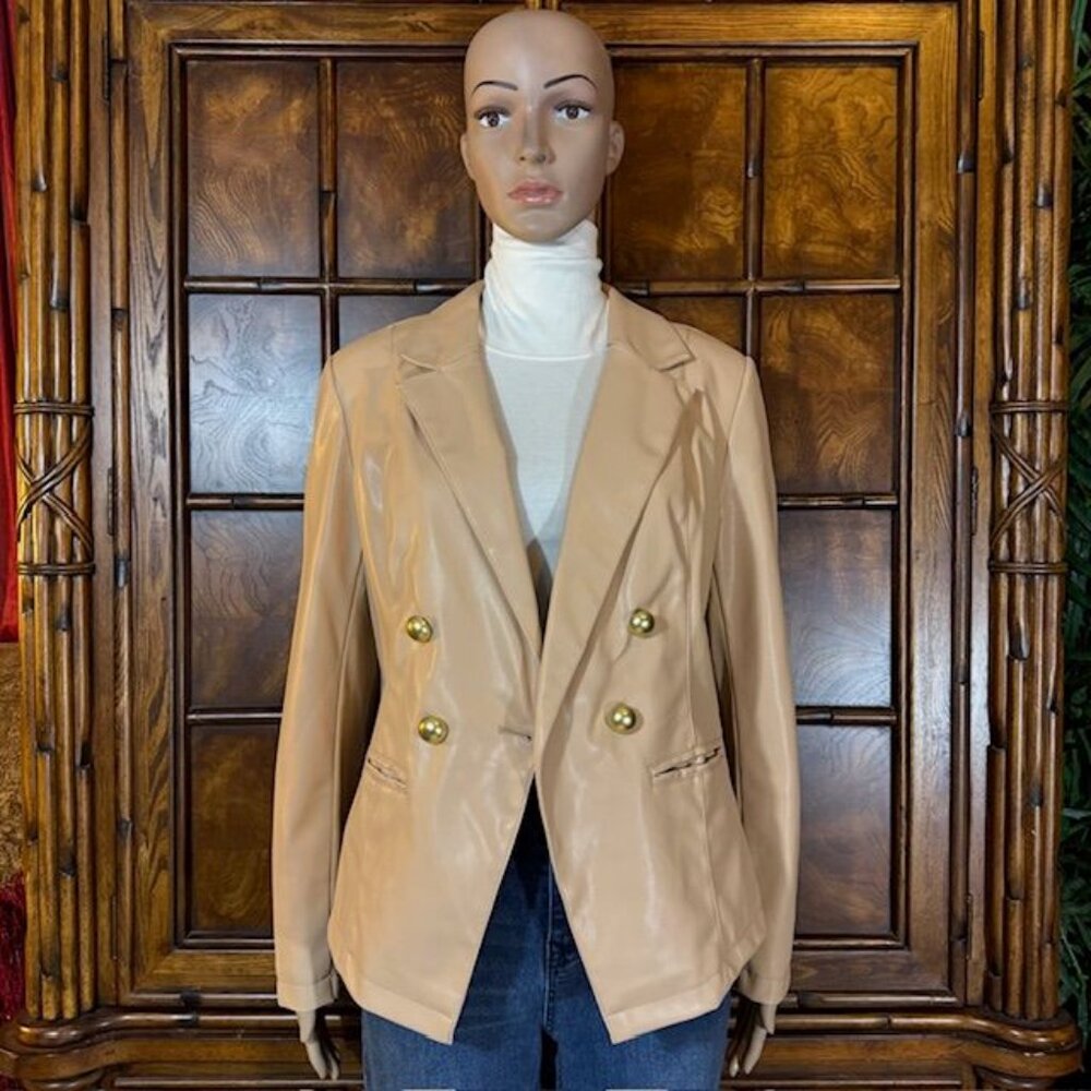 G by Giuliana Almond Faux Leather Double Breasted Stretch Sleeve Blazer